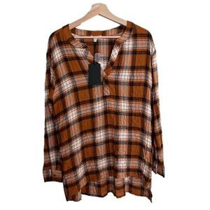 Jane and Delancey Plaid Popover Top Blouse‎ Womens Size S Long Sleeve Orange